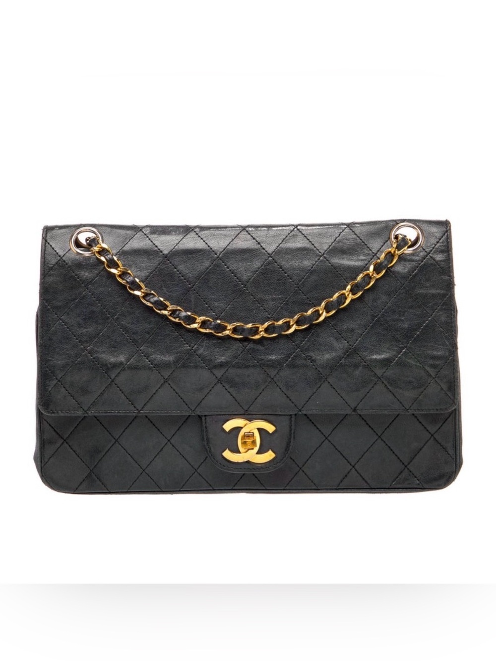 Authentic Vintage Chanel Medium Double Flap Navy Lambskin Gold CC